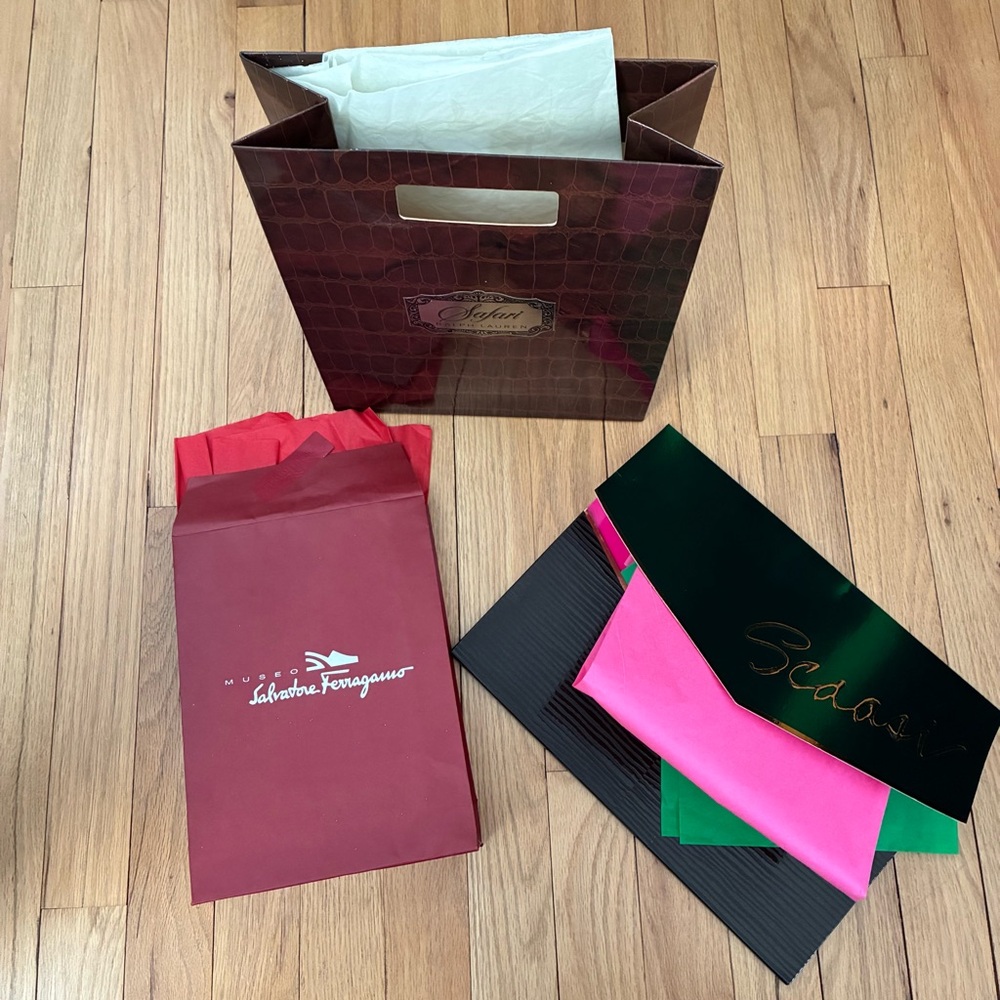 Vintage Luxury Brands Gift Bags,
Ferragamo, Ralph Lauren, Scaasi,
80’s/90’s